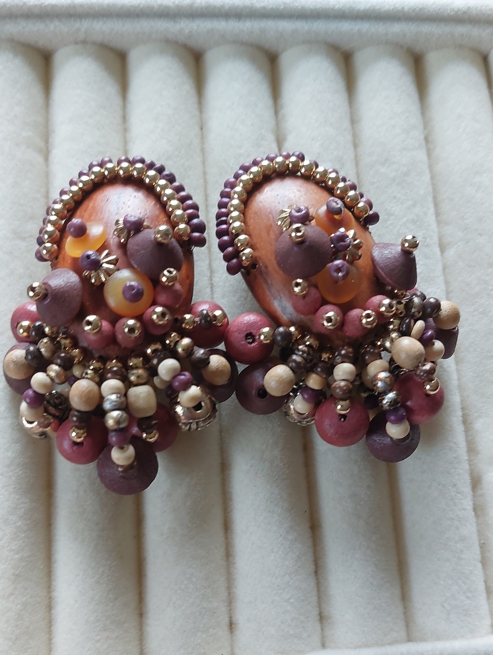 Vintage Beaded Cluster Clip On Earrings Earth Tone Boho Drop Statement